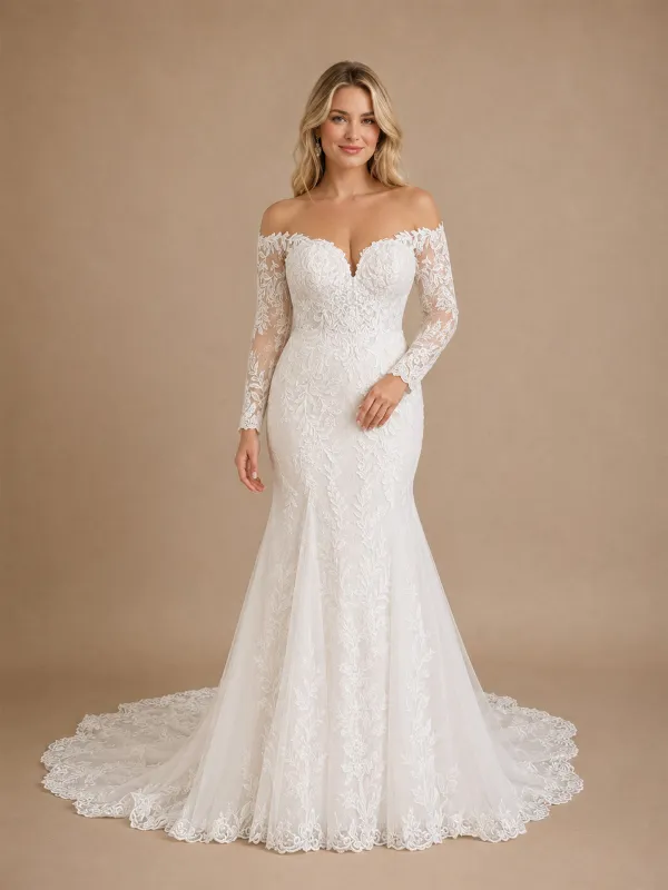 ChicSew Romantic Mermaid Lace Tulle Off The Shoulder Long Sleeves Floor-Length Wedding Dresses With Long Train made by ChicSew