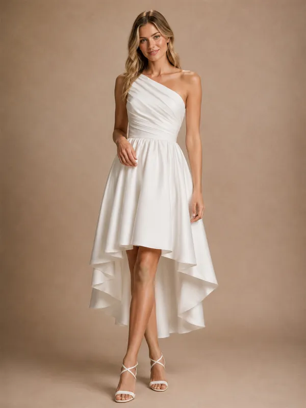 ChicSew Classy One Shoulder A-Line High-Low Ruched Satin Wedding Dresses made by ChicSew