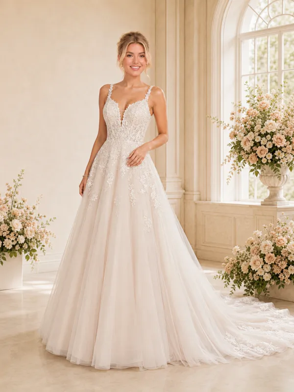 ChicSew Elegant Spaghetti Straps A-Line Lace Tulle Floor-Length Wedding Dresses With Train made by ChicSew