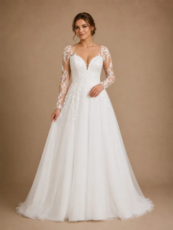 ChicSew Classy A-Line V-Neck Lace Tulle Long Sleeves Floor-Length Wedding Dresses With Button made by ChicSew