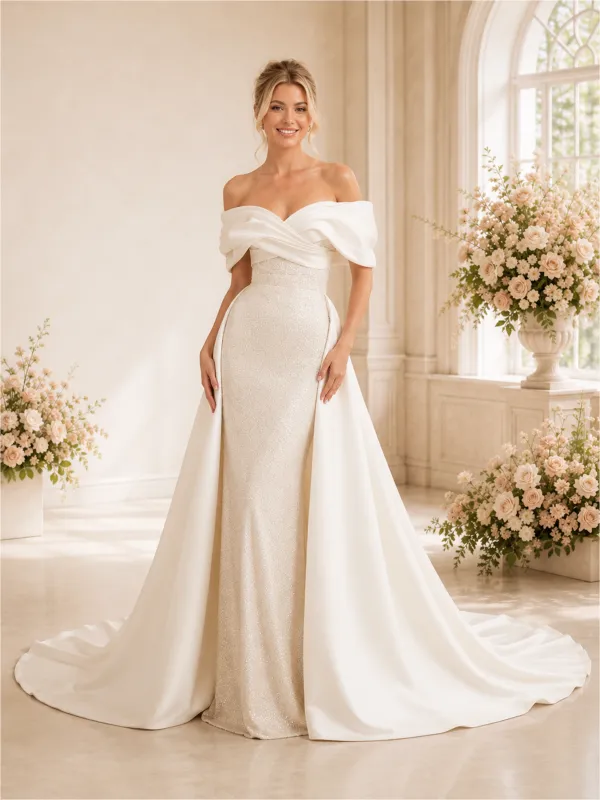 ChicSew Unique Off The Shoulder Glitter Tulle Mermaid Long Wedding Dresses With Satin Overskirt made by ChicSew