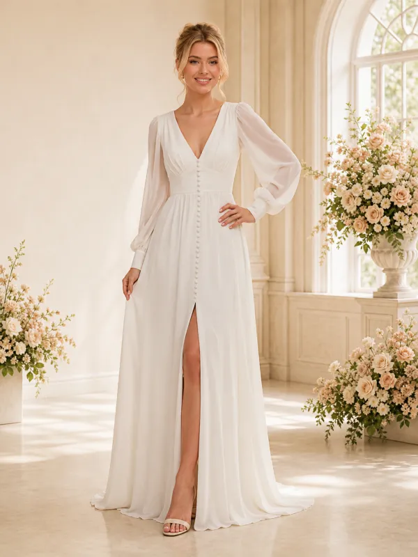 ChicSew Elegant V-Neck Long Sleeves A-Line Slit Chiffon Floor-Length Wedding Dresses made by ChicSew