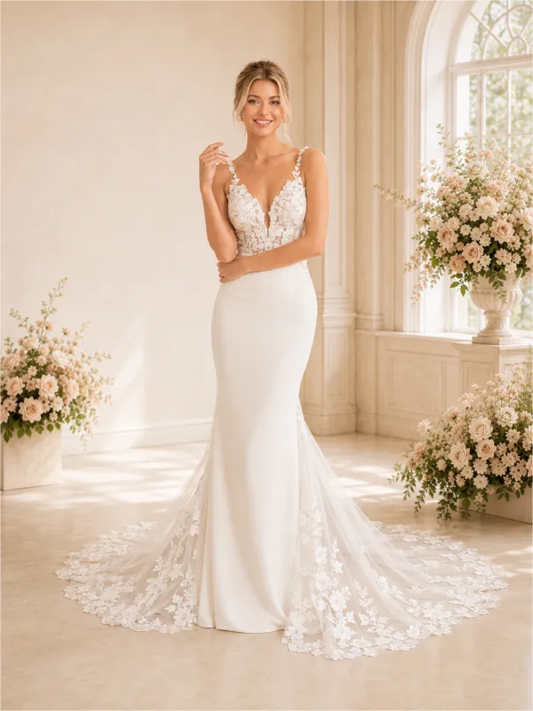 ChicSew Romantic Spaghetti Straps Mermaid Lace Tulle Floor-Length Wedding Dresses With Long Train made by ChicSew
