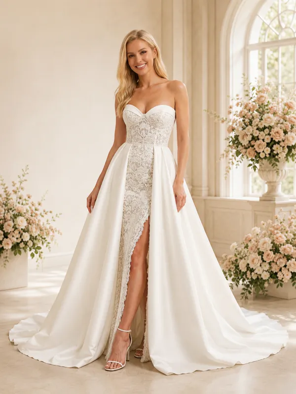 ChicSew Unique Sweetheart Boning Mermaid Lace Applique Side Slit Floor-Length Wedding Dress With Satin Overskirt made by ChicSew