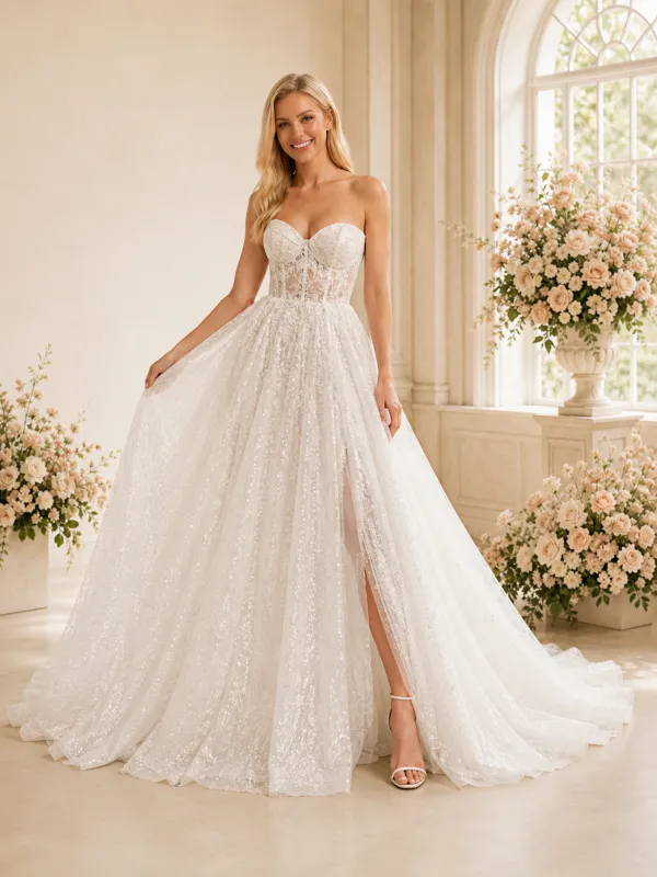 ChicSew Timeless Sweetheart A-Line Lace Tulle Boning Side Slit Floor-Length Wedding Dresses made by ChicSew