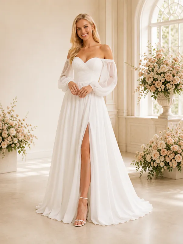 ChicSew Fancy Off The Shoulder Long Sleeves A-Line Side Slit Pleated Chiffon Long Wedding Dress made by ChicSew