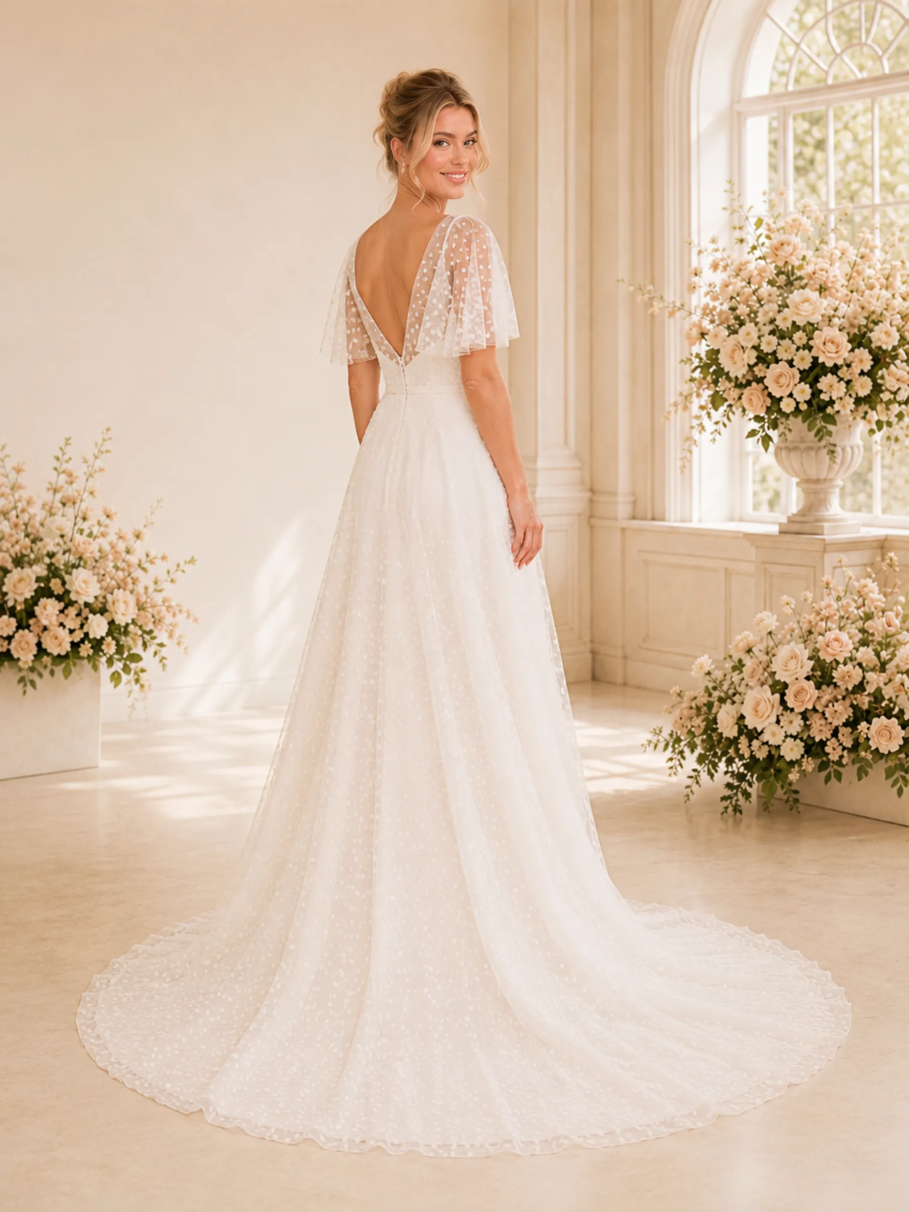 ChicSew Fancy V-Neck A-Line Lace Flutter Sleeves Maxi Long Wedding Dresses sold by ChicSew product image thumbnail 4