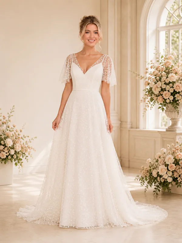 ChicSew Fancy V-Neck A-Line Lace Flutter Sleeves Maxi Long Wedding Dresses made by ChicSew