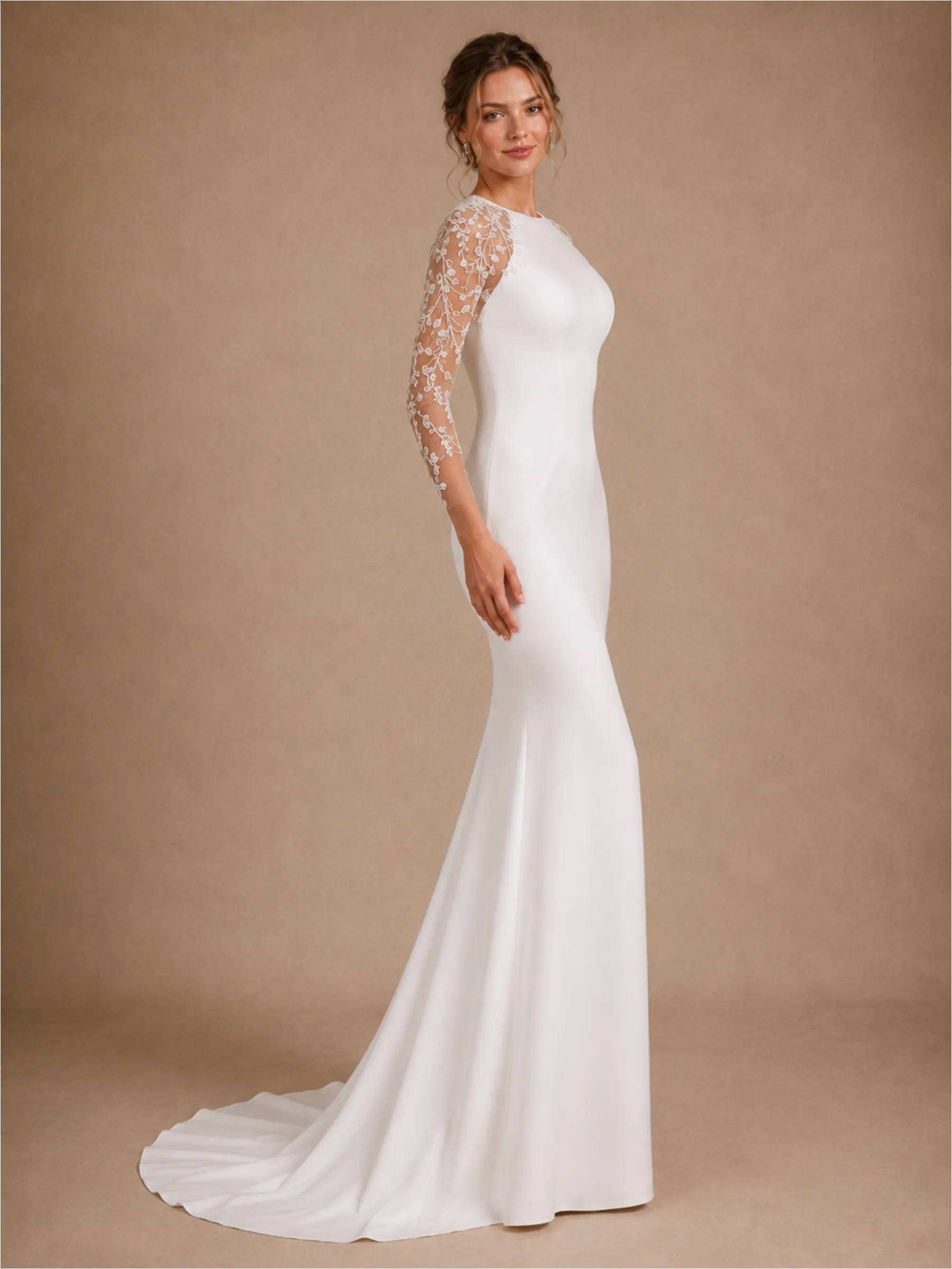 ChicSew Modern Long Lace Sleeves Satin Mermaid Floor-Length Wedding Dresses sold by ChicSew product image thumbnail 4