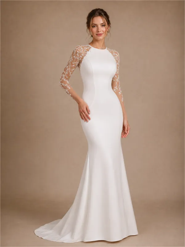 ChicSew Modern Long Lace Sleeves Satin Mermaid Floor-Length Wedding Dresses made by ChicSew