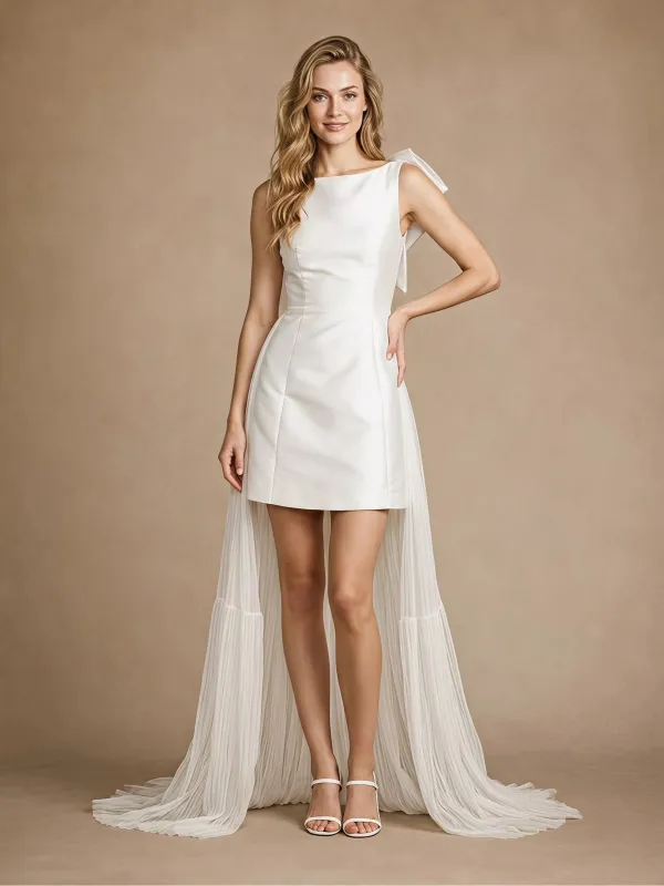 ChicSew Fancy Sleeveless Sheath Satin Mini-Length Wedding Dress With Tulle Overskirt made by ChicSew