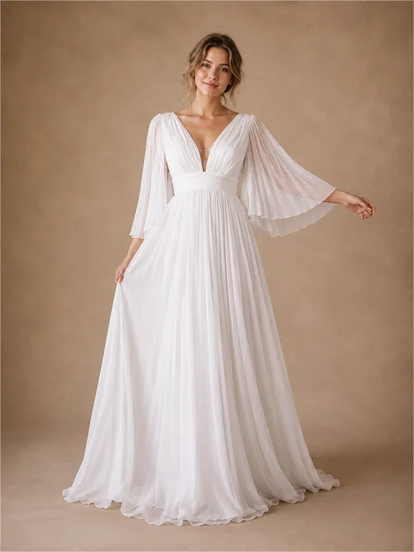 ChicSew Fancy V-Neck 3/4 Sleeves A-Line Pleated Chiffon Floor-Length Wedding Dress made by ChicSew