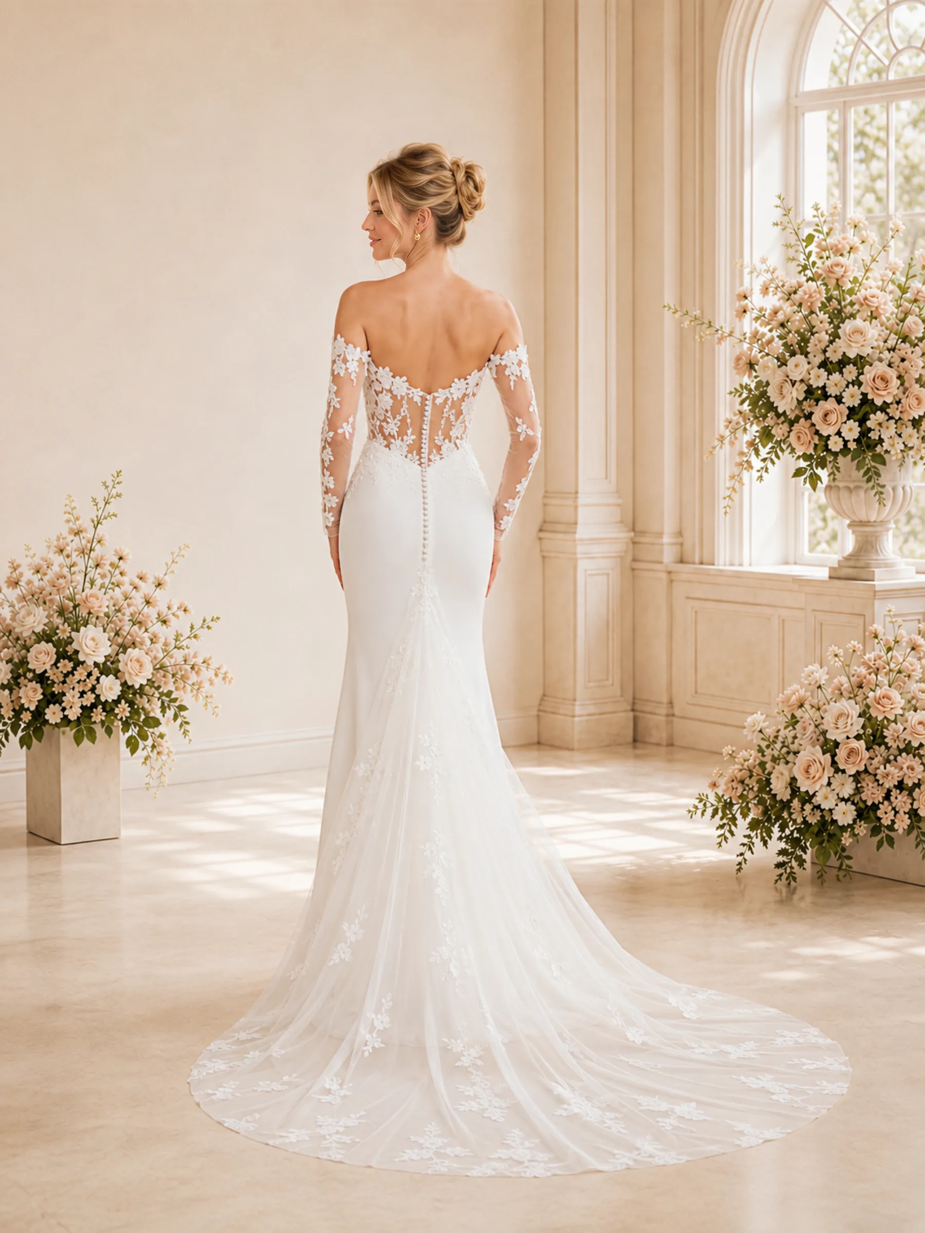 ChicSew Unique Off The Shoulder Long Sleeves Lace Tulle Mermaid Satin Maxi Wedding Dress With Train sold by ChicSew product image thumbnail 4