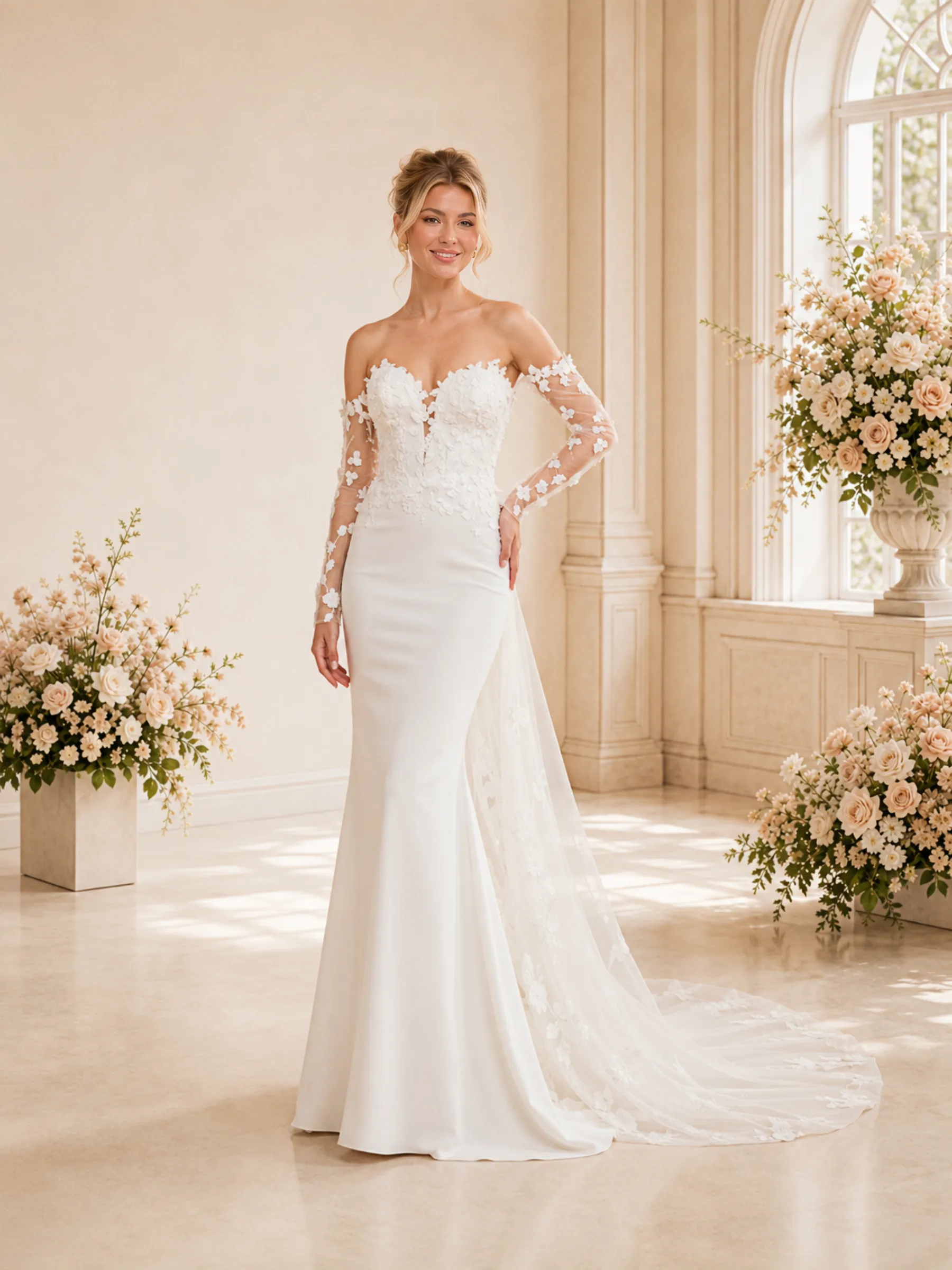ChicSew Unique Off The Shoulder Long Sleeves Lace Tulle Mermaid Satin Maxi Wedding Dress With Train sold by ChicSew