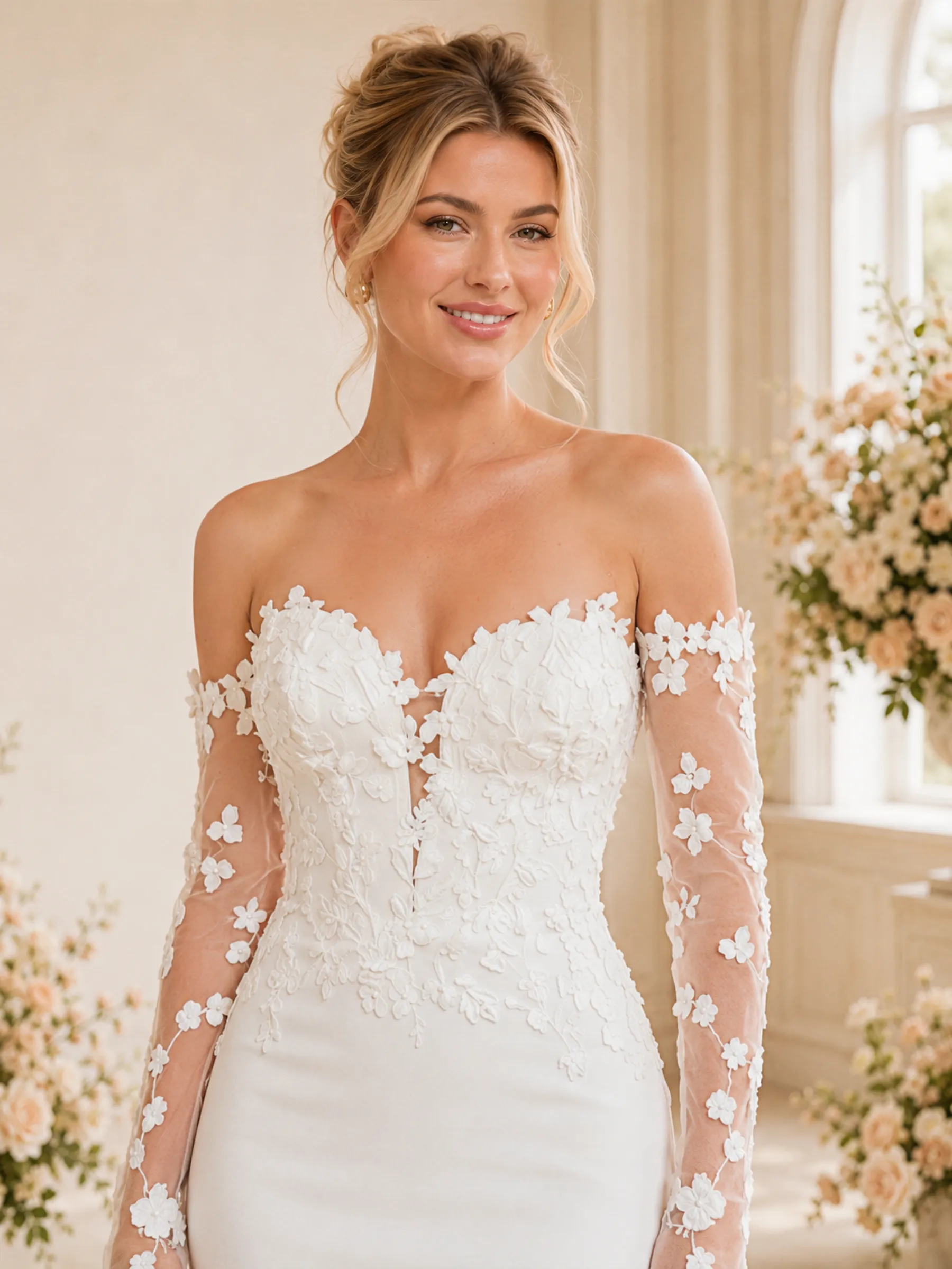 ChicSew Unique Off The Shoulder Long Sleeves Lace Tulle Mermaid Satin Maxi Wedding Dress With Train sold by ChicSew product image thumbnail 2
