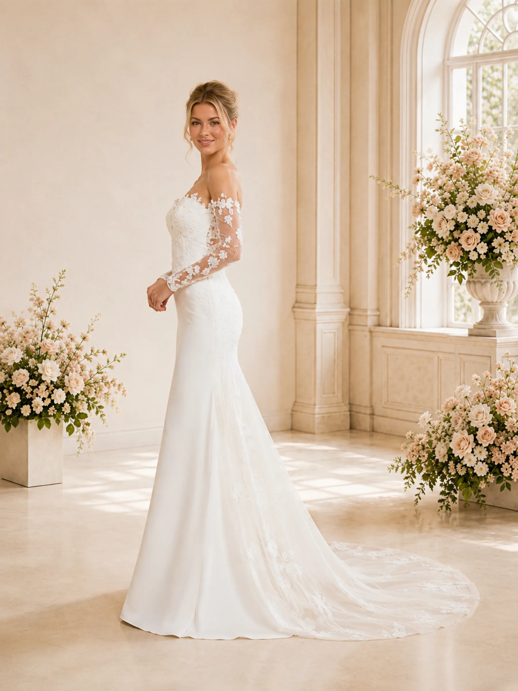 ChicSew Unique Off The Shoulder Long Sleeves Lace Tulle Mermaid Satin Maxi Wedding Dress With Train sold by ChicSew product image thumbnail 3