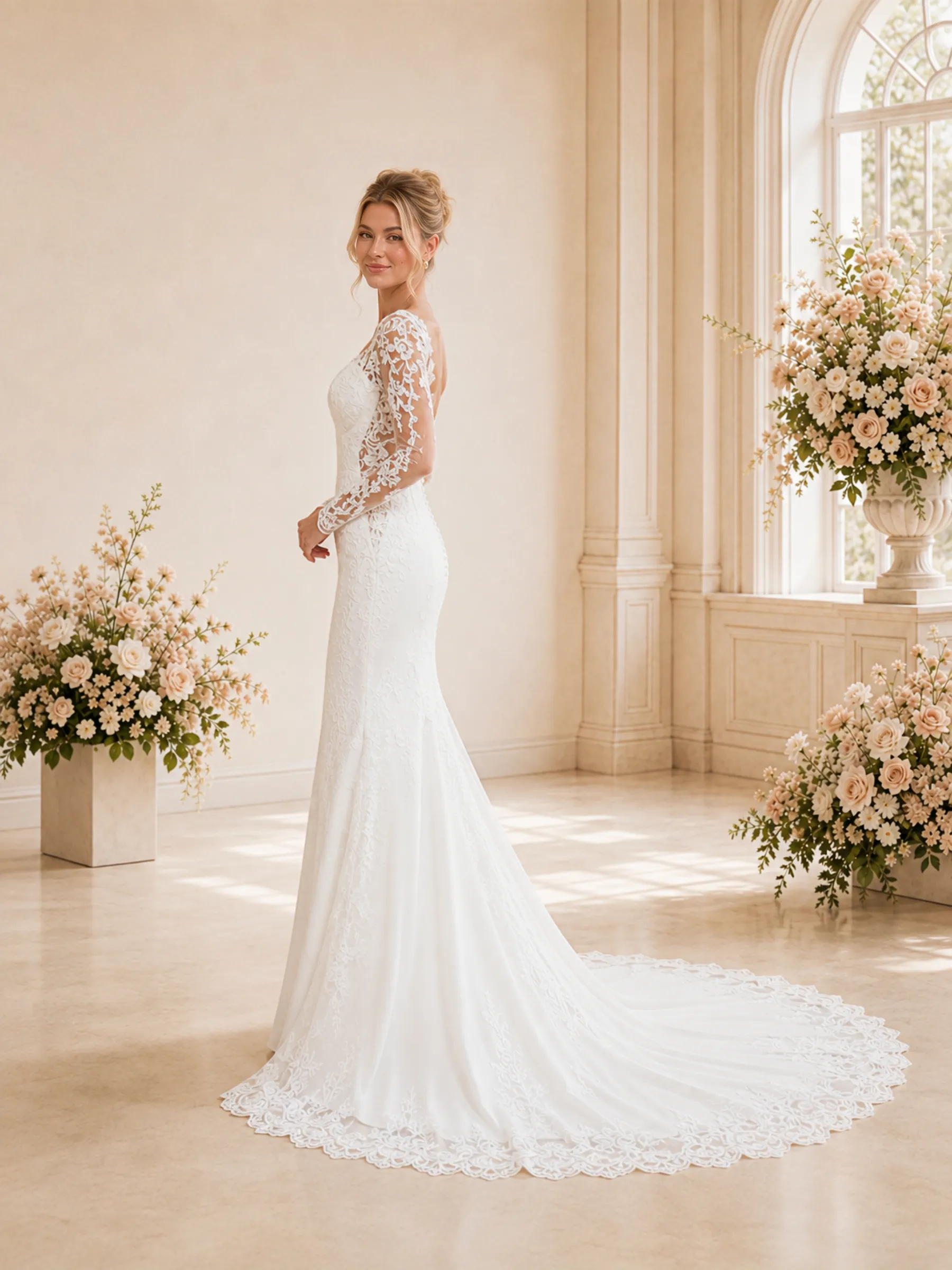 ChicSew Classy V-Neck Long Sleeves Lace Tulle Mermaid Maxi Wedding Dress With Long Train sold by ChicSew product image thumbnail 3