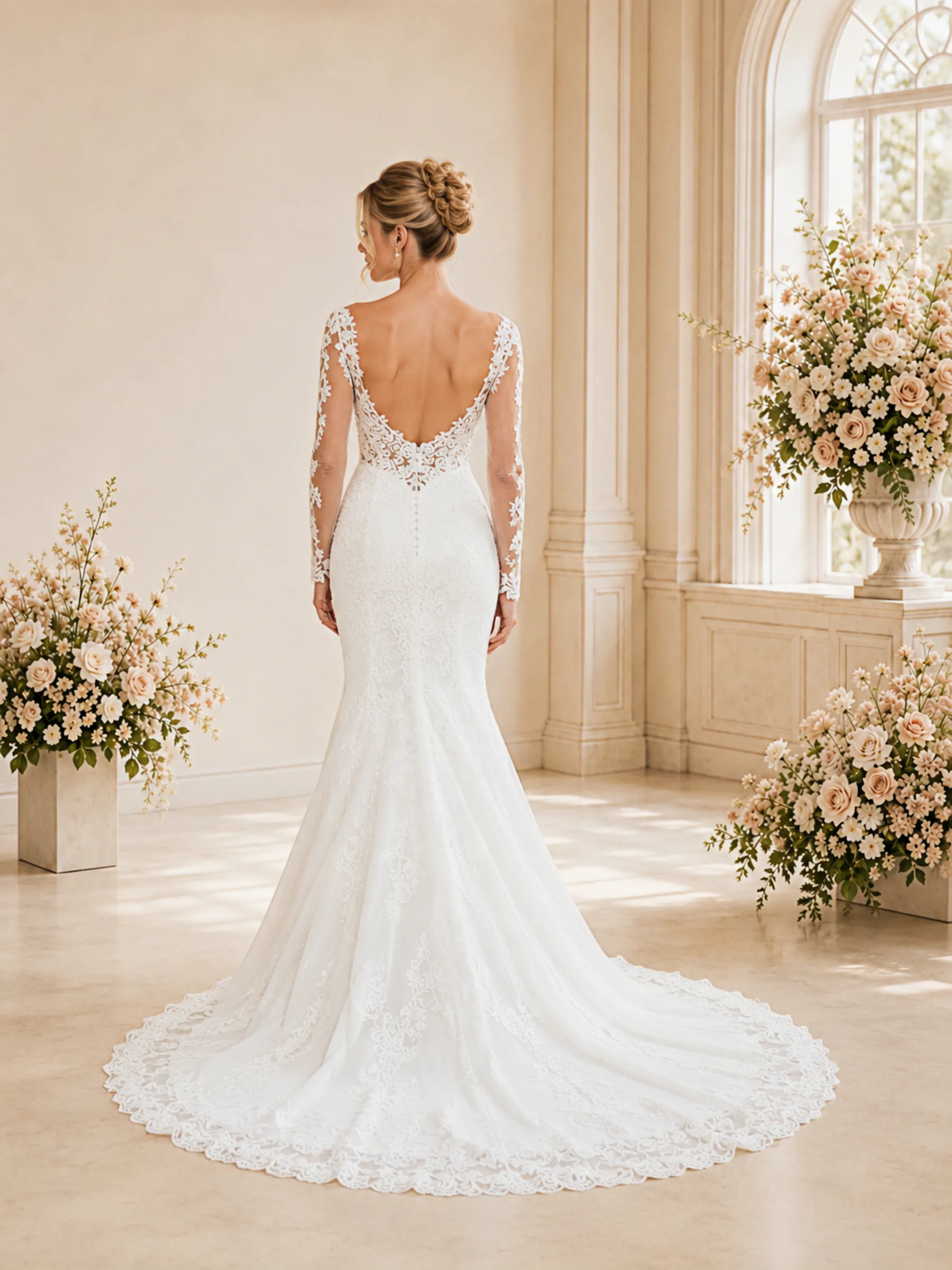 ChicSew Classy V-Neck Long Sleeves Lace Tulle Mermaid Maxi Wedding Dress With Long Train sold by ChicSew product image thumbnail 4