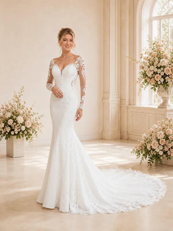 ChicSew Classy V-Neck Long Sleeves Lace Tulle Mermaid Maxi Wedding Dress With Long Train made by ChicSew
