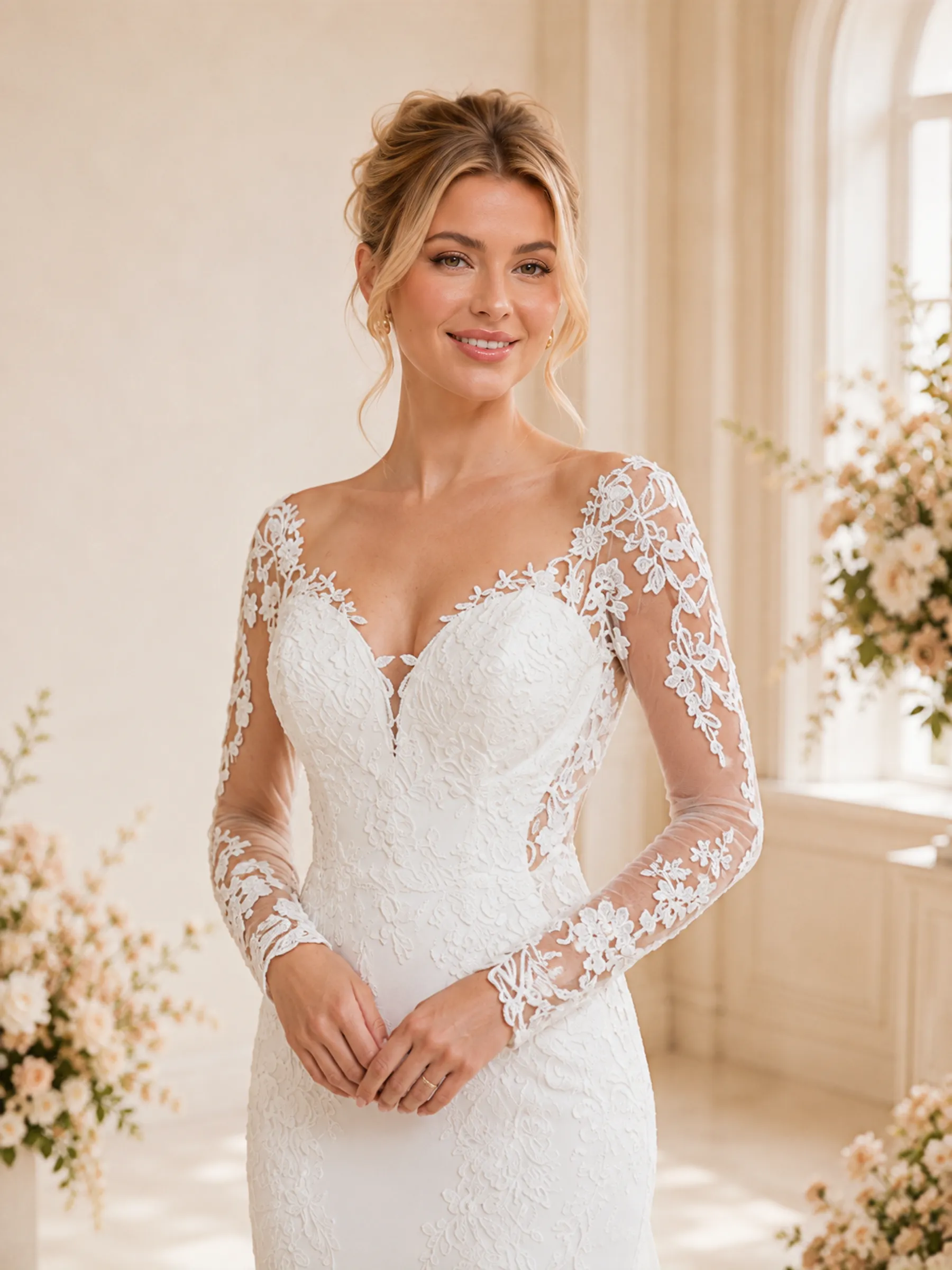 ChicSew Classy V-Neck Long Sleeves Lace Tulle Mermaid Maxi Wedding Dress With Long Train sold by ChicSew product image thumbnail 2