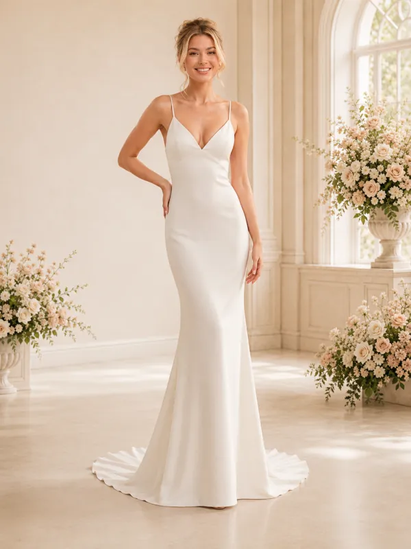 ChicSew Sexy Spaghetti Straps Satin Mermaid Floor-Length Wedding Dress With Button made by ChicSew