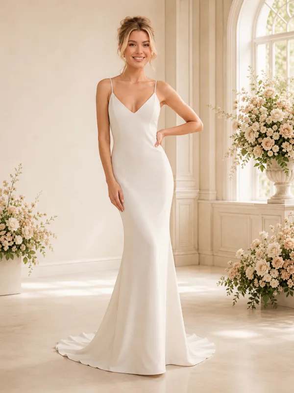 ChicSew Fancy V-Neck Spaghetti Straps Satin Mermaid Floor-Length Wedding Dress made by ChicSew