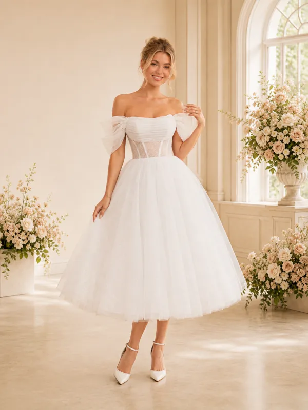 ChicSew Elegant A-Line Boning Lace Tulle Off The Shoulder Midi Wedding Dresses made by ChicSew