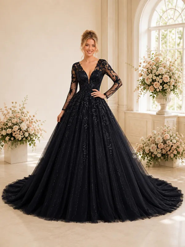 ChicSew Modern Deep V-Neck A-Line Long Sleeves Lace Tulle Floor-Length Wedding Dresses With Floral Applique made by ChicSew