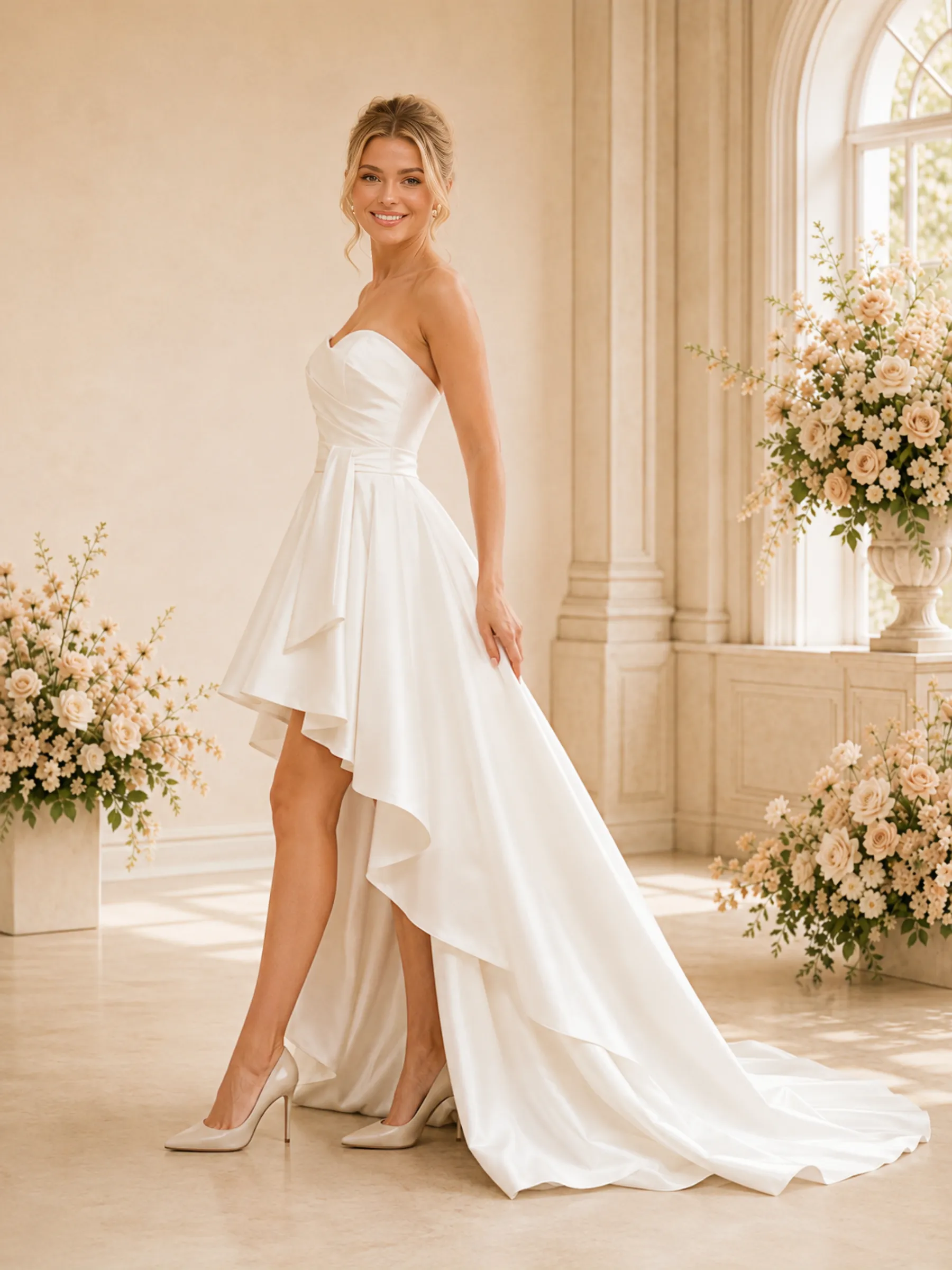 ChicSew Classy Sweetheart Ruching Sleeveless Satin A-Line High-Low Wedding Dress sold by ChicSew product image thumbnail 3