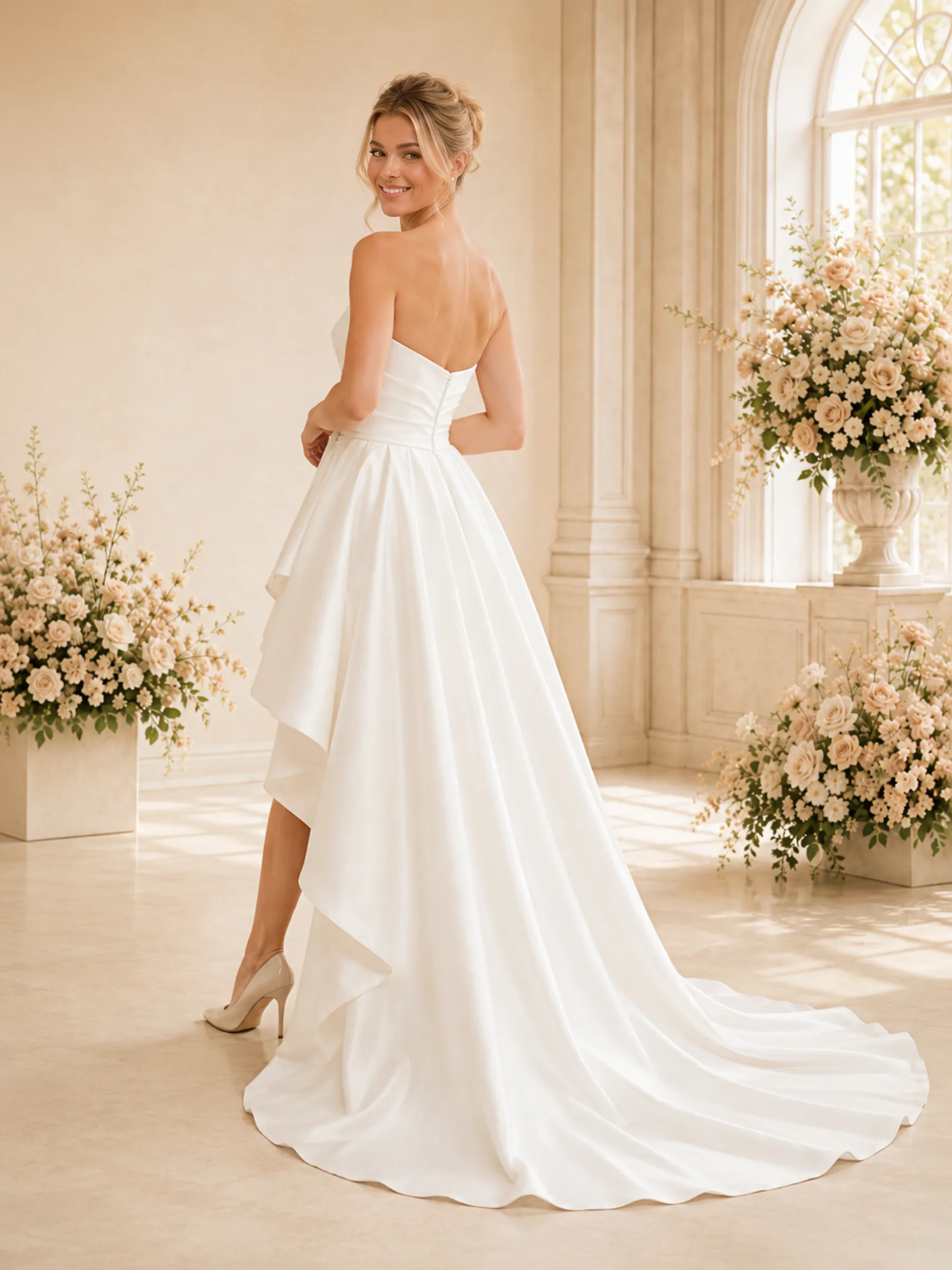 ChicSew Classy Sweetheart Ruching Sleeveless Satin A-Line High-Low Wedding Dress sold by ChicSew product image thumbnail 4