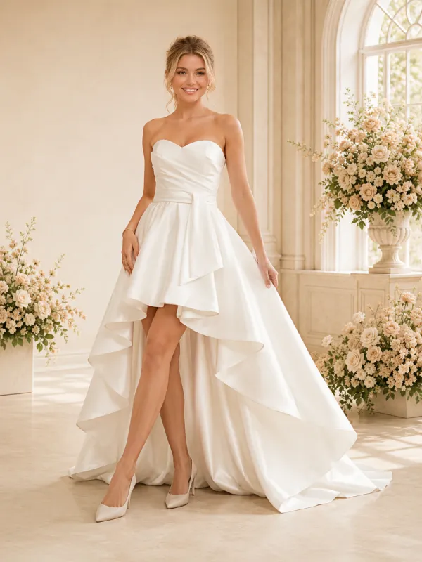 ChicSew Classy Sweetheart Ruching Sleeveless Satin A-Line High-Low Wedding Dress made by ChicSew