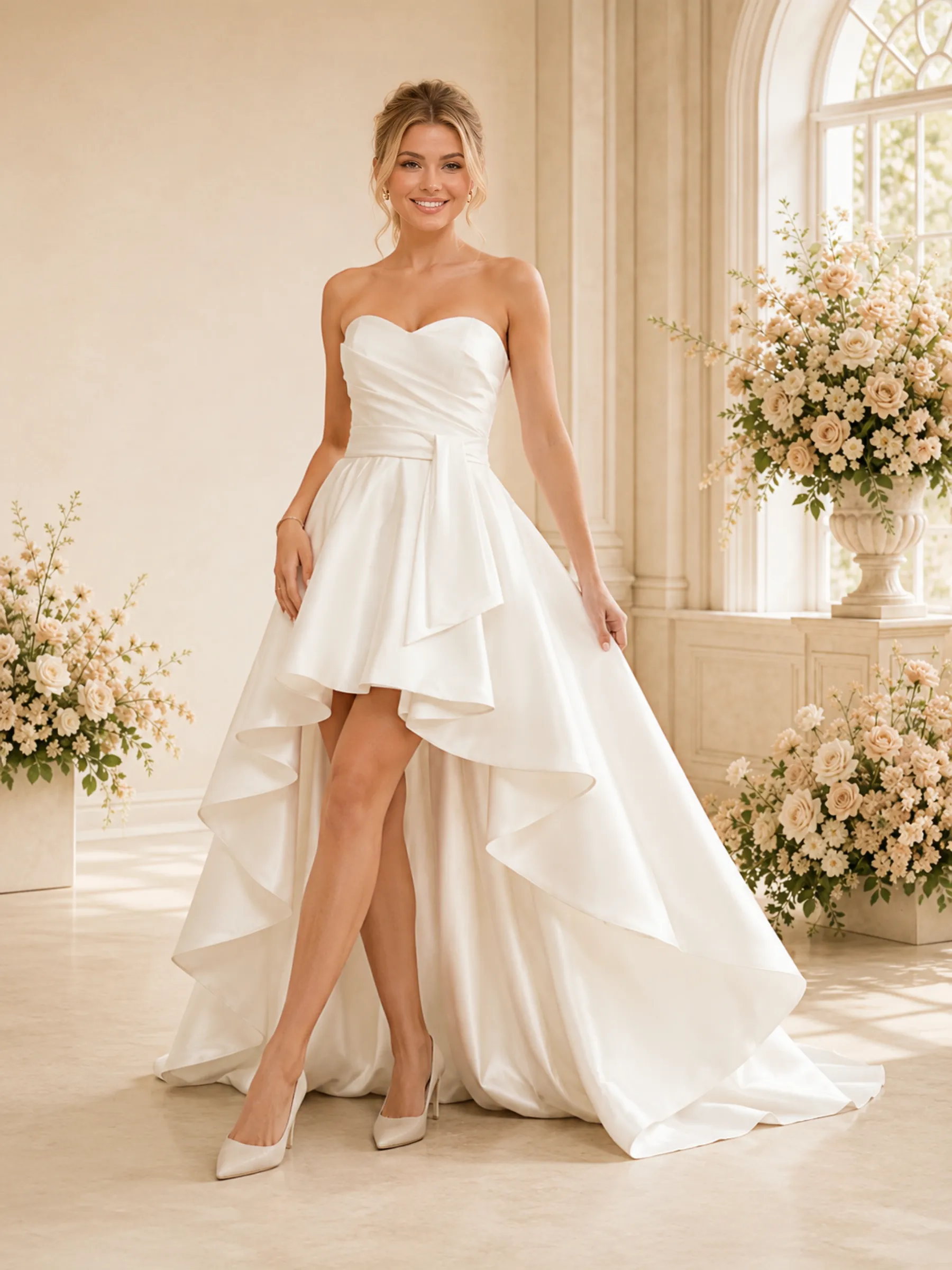 ChicSew Classy Sweetheart Ruching Sleeveless Satin A-Line High-Low Wedding Dress sold by ChicSew