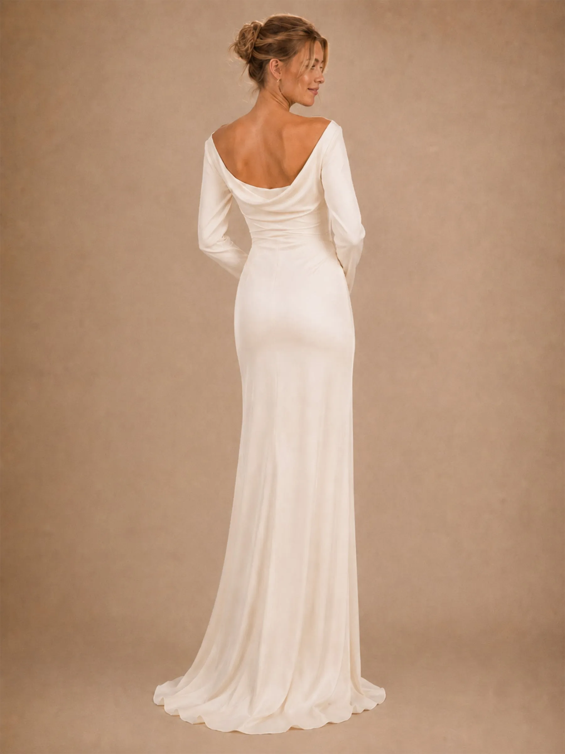 ChicSew Classy Crepe Cowl Neck Long Sleeves Sheath Floor-Length Wedding Dress sold by ChicSew product image thumbnail 3