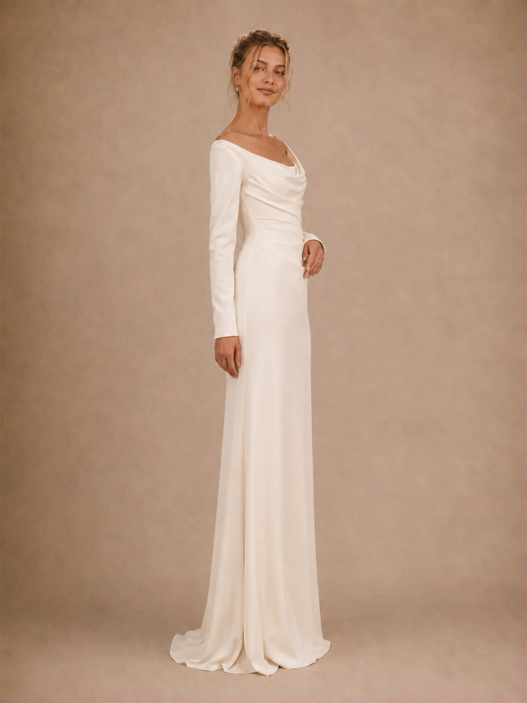 ChicSew Classy Crepe Cowl Neck Long Sleeves Sheath Floor-Length Wedding Dress sold by ChicSew product image thumbnail 4