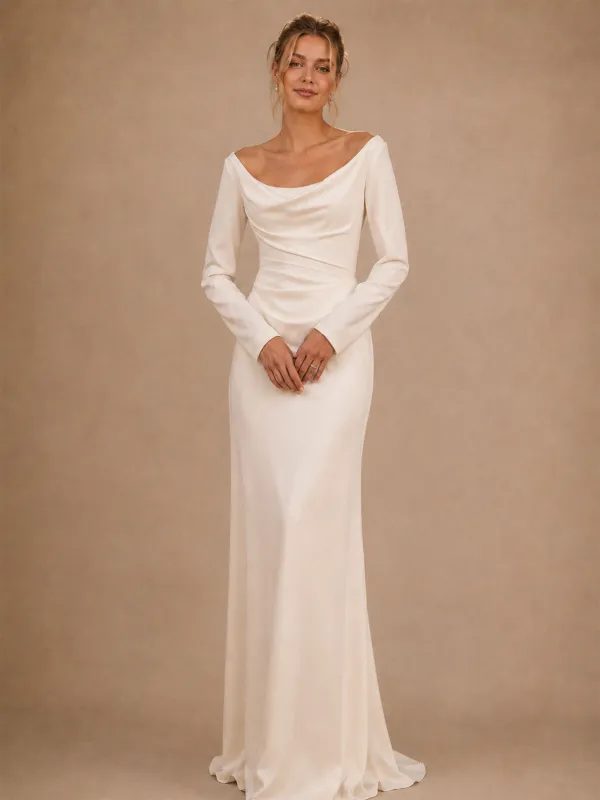 ChicSew Classy Crepe Cowl Neck Long Sleeves Sheath Floor-Length Wedding Dress made by ChicSew