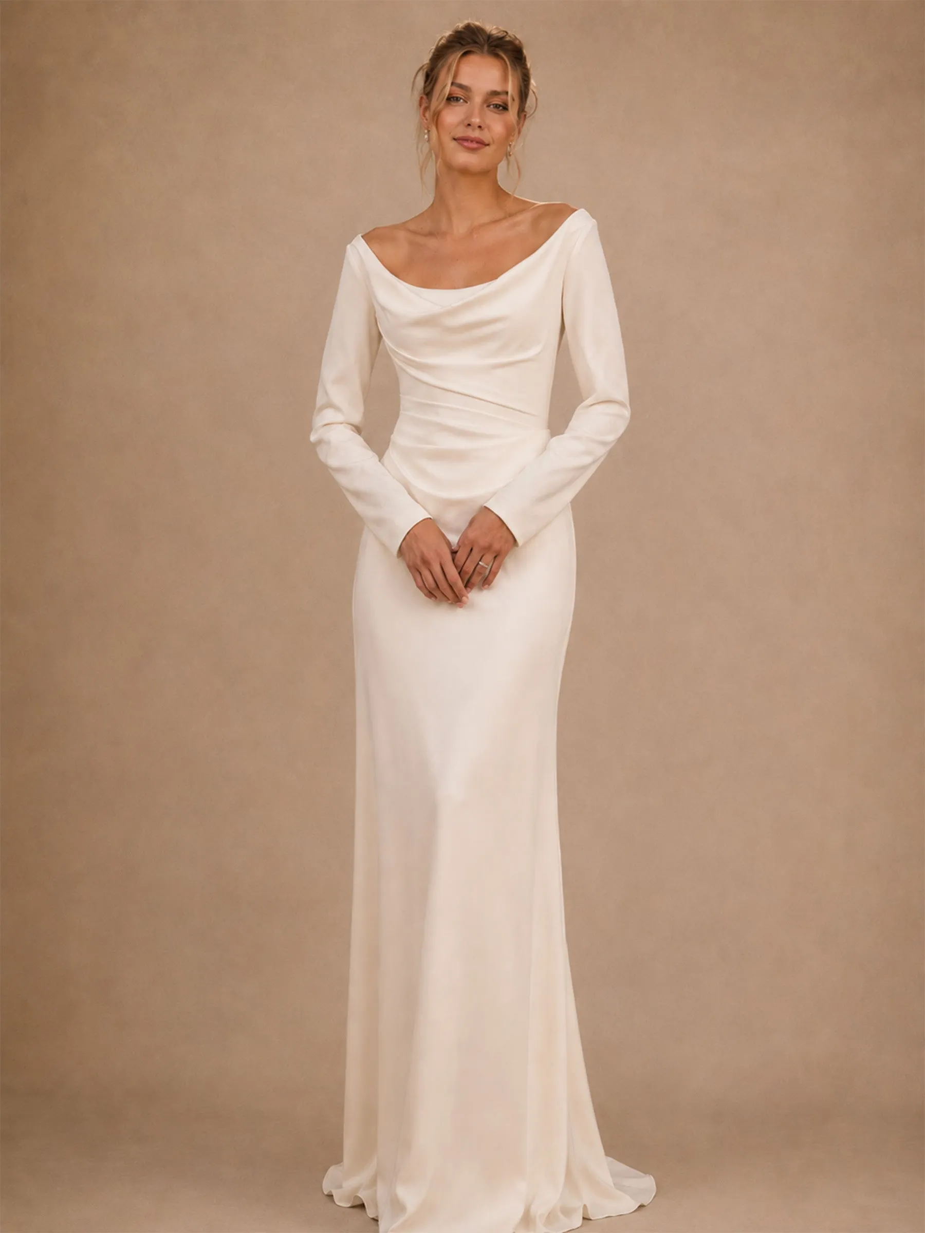 ChicSew Classy Crepe Cowl Neck Long Sleeves Sheath Floor-Length Wedding Dress sold by ChicSew