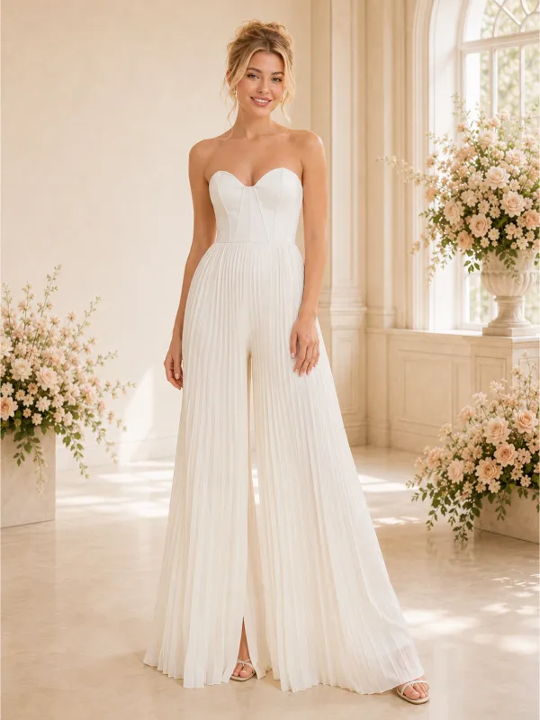 ChicSew Elegant Sweetheart Chiffon Pleated Floor-Length Wedding Jumpsuit made by ChicSew