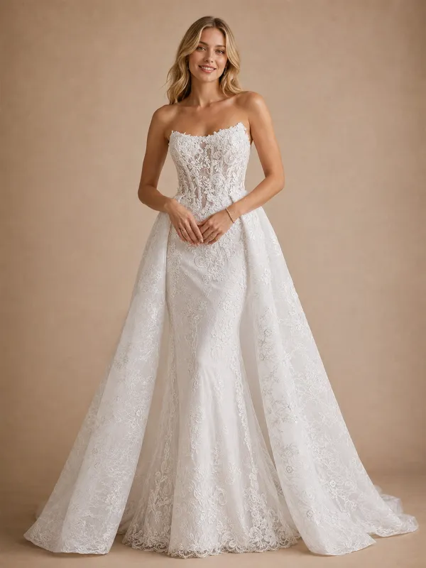 ChicSew Fancy Strapless Mermaid Lace Tulle Sleeveless Floor-Length Wedding Dresses With Overskirt made by ChicSew