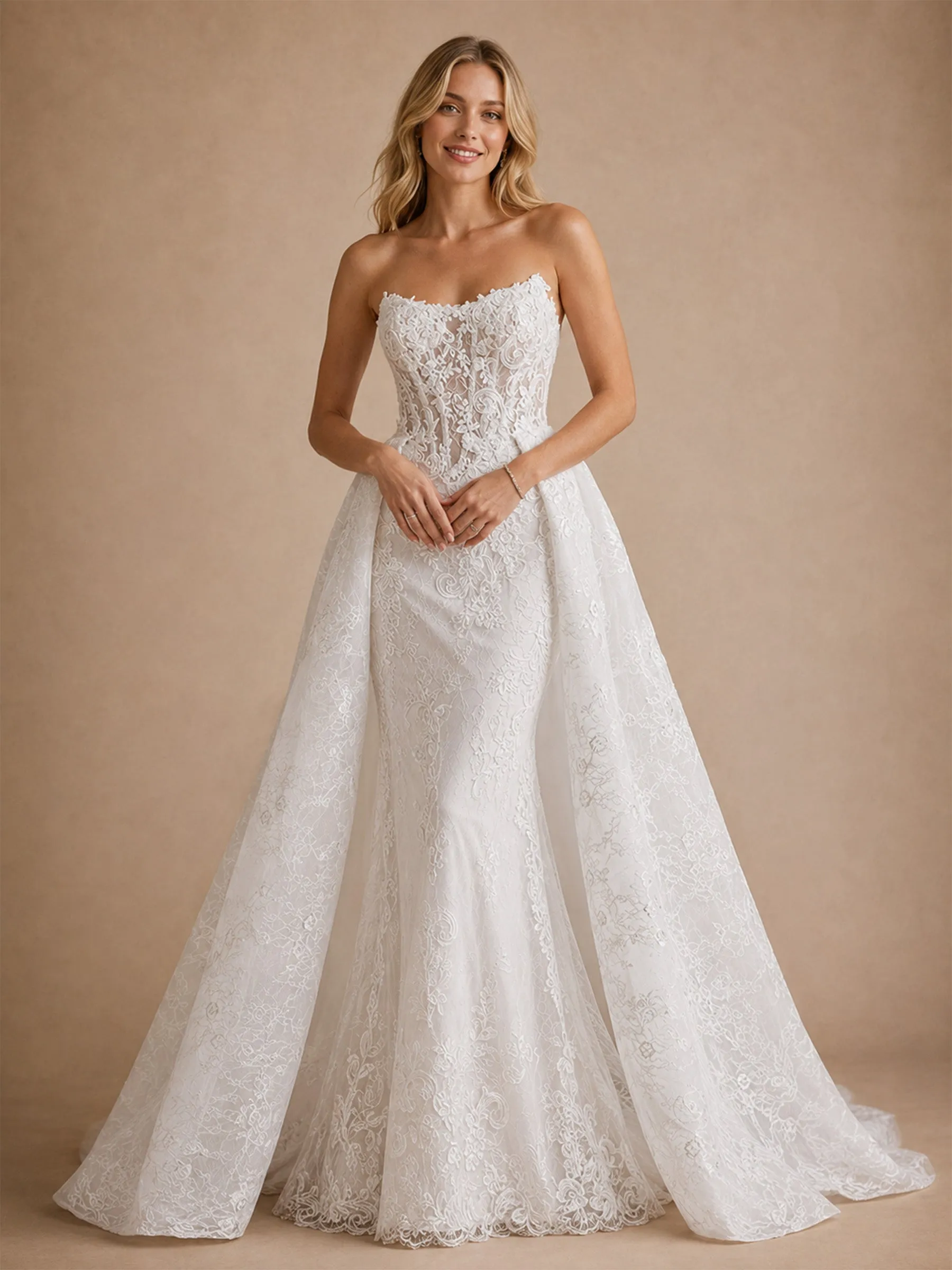 ChicSew Fancy Strapless Mermaid Lace Tulle Sleeveless Floor-Length Wedding Dresses With Overskirt sold by ChicSew