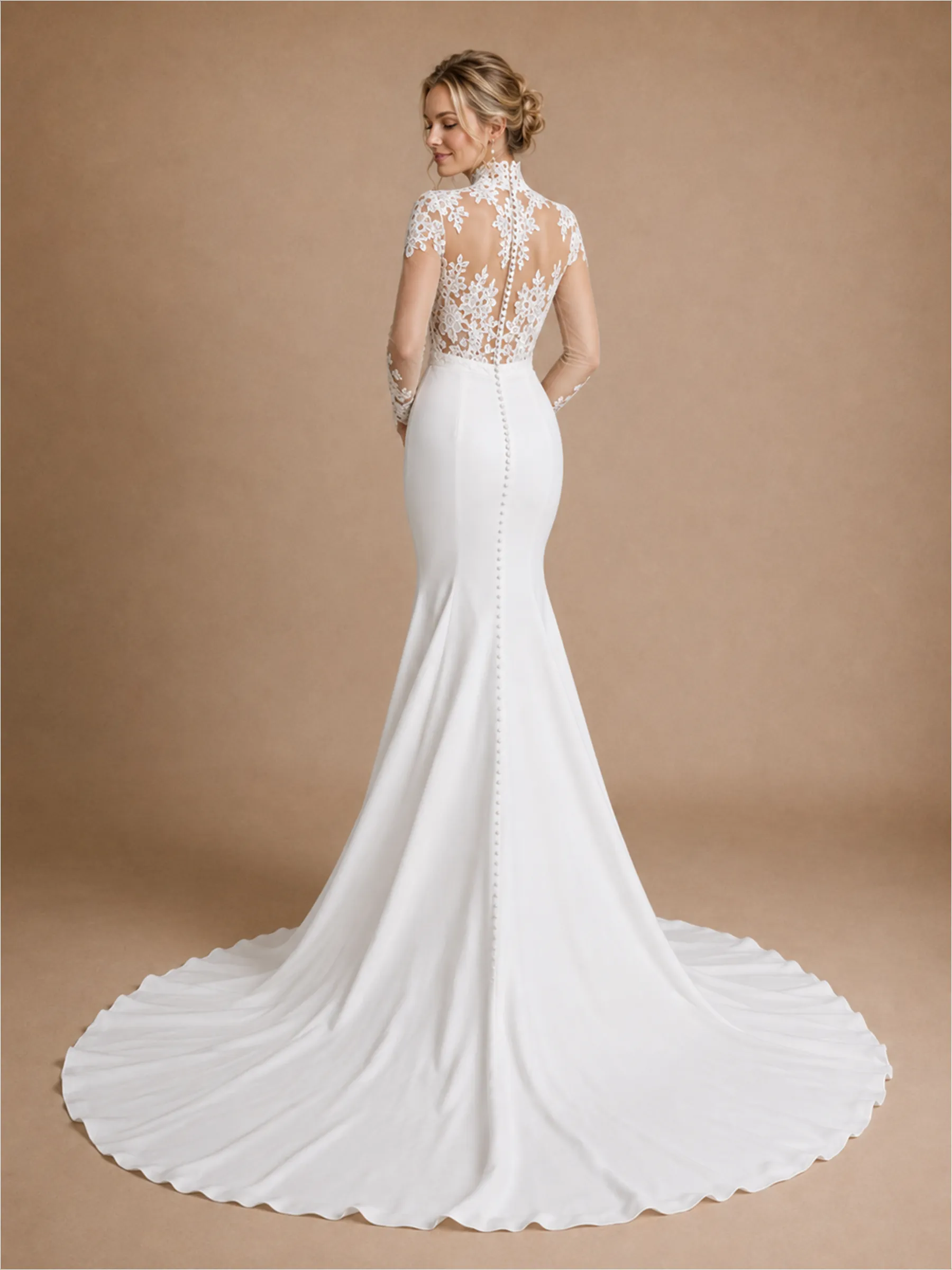 ChicSew Morden High Neck Long Sleeves Satin Lace Mermaid Floor-Length Wedding Dress sold by ChicSew product image thumbnail 4