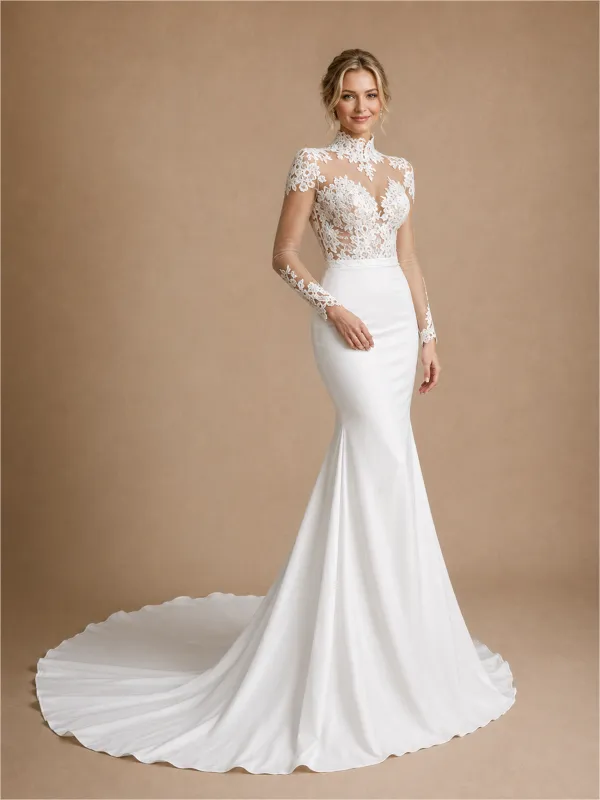 ChicSew Morden High Neck Long Sleeves Satin Lace Mermaid Floor-Length Wedding Dress made by ChicSew