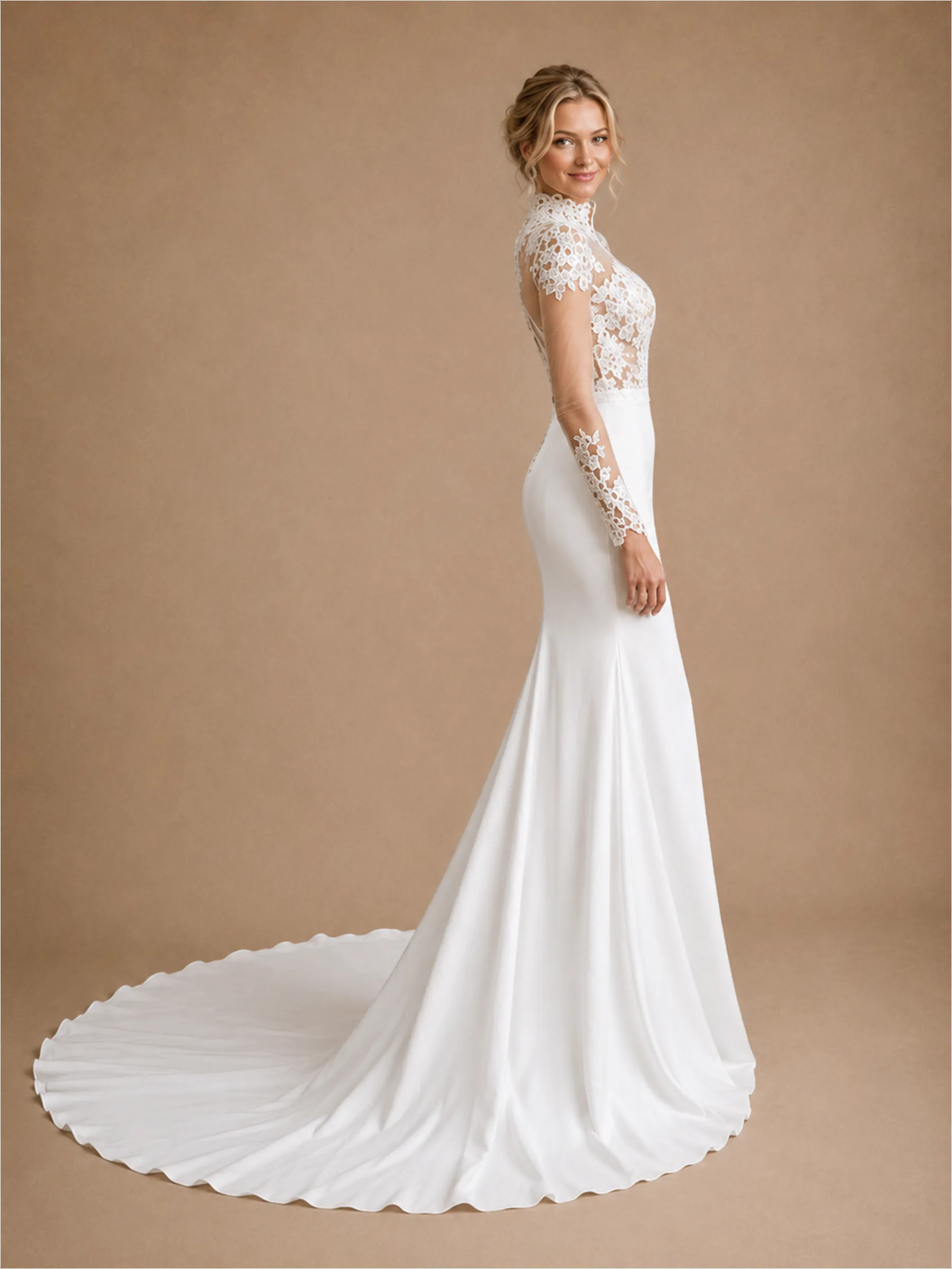 ChicSew Morden High Neck Long Sleeves Satin Lace Mermaid Floor-Length Wedding Dress sold by ChicSew product image thumbnail 3