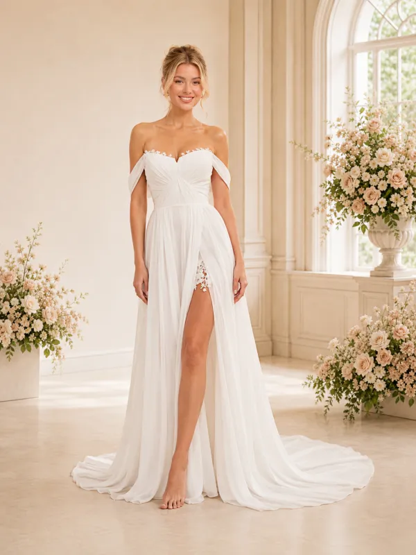 ChicSew Classy A-Line Off The Shoulder Pleated Chiffon Lace Slit Wedding Dress made by ChicSew