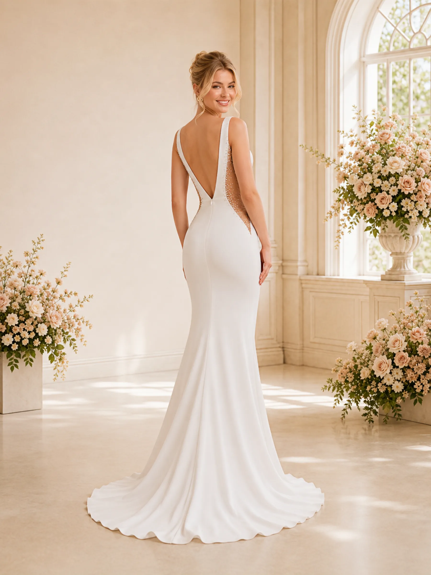 ChicSew Sexy V-Neck Sleeveless Mermaid Crepe Beading Floor-Length Wedding Dresses sold by ChicSew product image thumbnail 4
