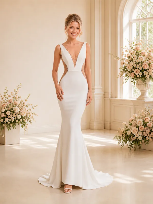 ChicSew Sexy V-Neck Sleeveless Mermaid Crepe Beading Floor-Length Wedding Dresses made by ChicSew