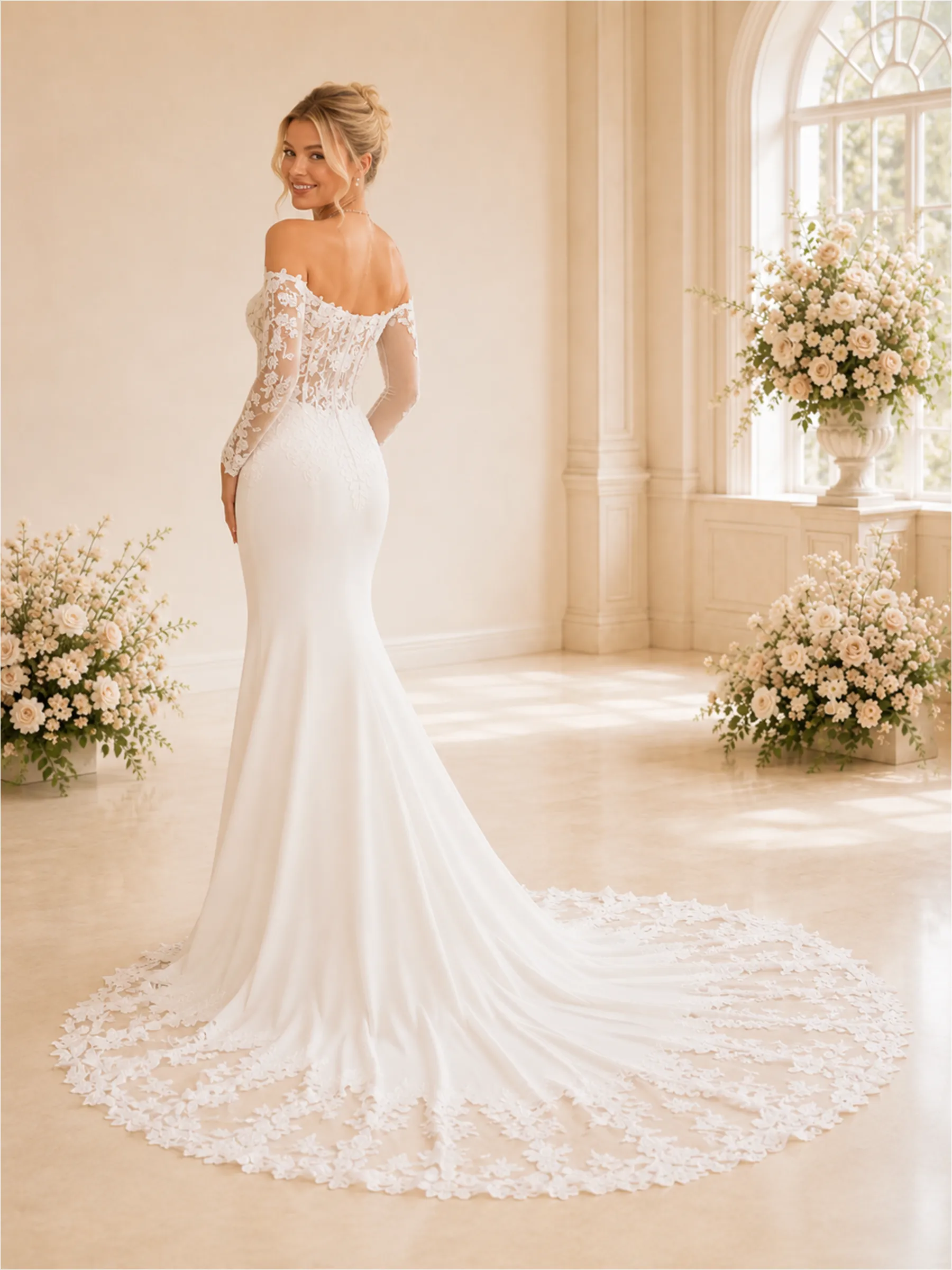 ChicSew Fancy Sexy Lace Tulle Off The Shoulder Long Sleeves Boning Mermaid Maxi Wedding Dresses With Train sold by ChicSew product image thumbnail 4