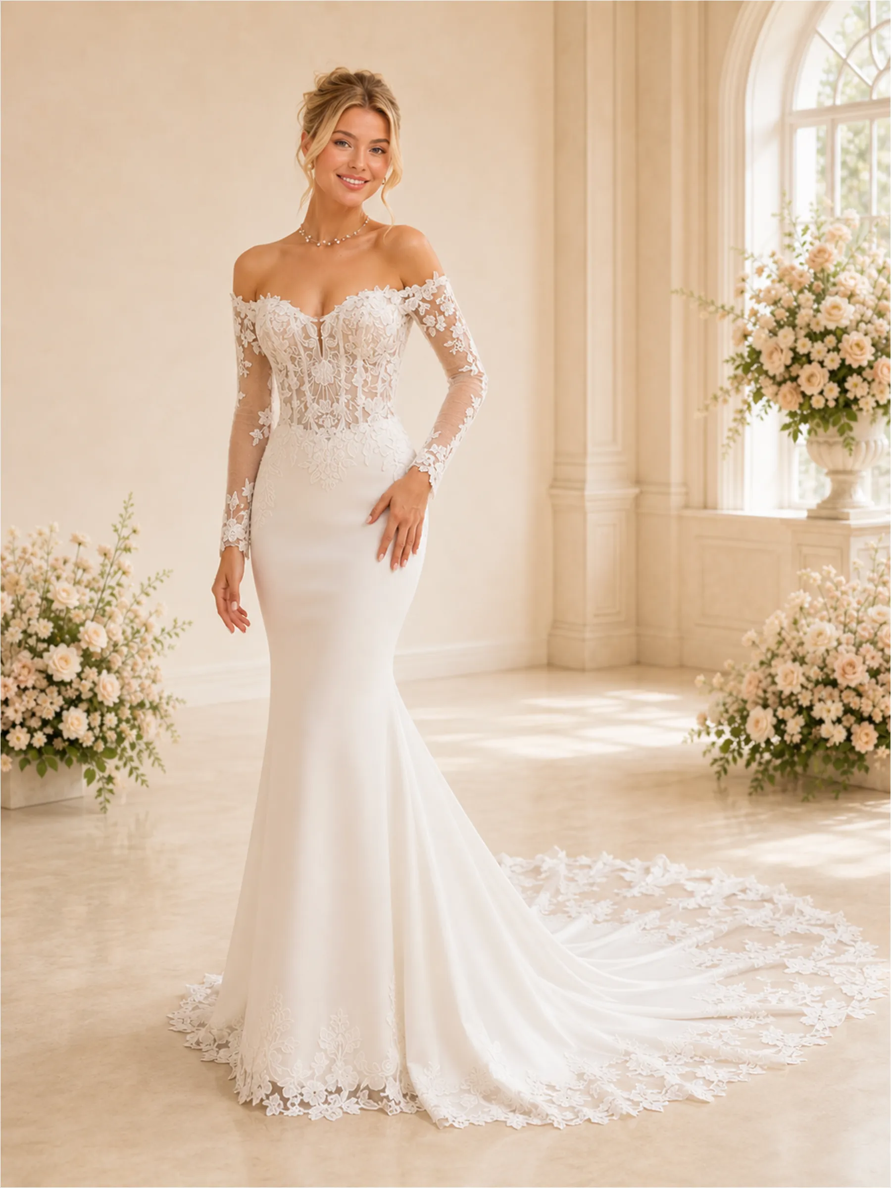 ChicSew Fancy Sexy Lace Tulle Off The Shoulder Long Sleeves Boning Mermaid Maxi Wedding Dresses With Train sold by ChicSew