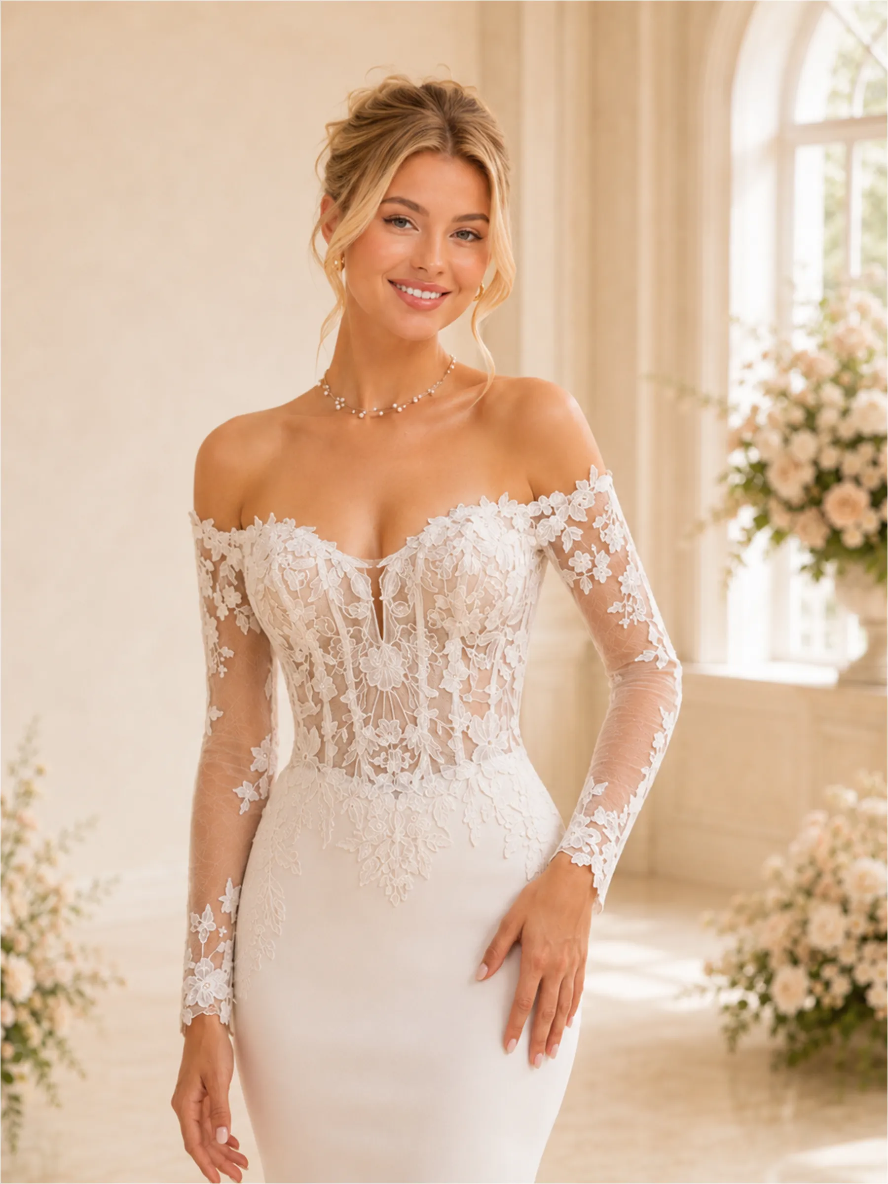 ChicSew Fancy Sexy Lace Tulle Off The Shoulder Long Sleeves Boning Mermaid Maxi Wedding Dresses With Train sold by ChicSew product image thumbnail 2
