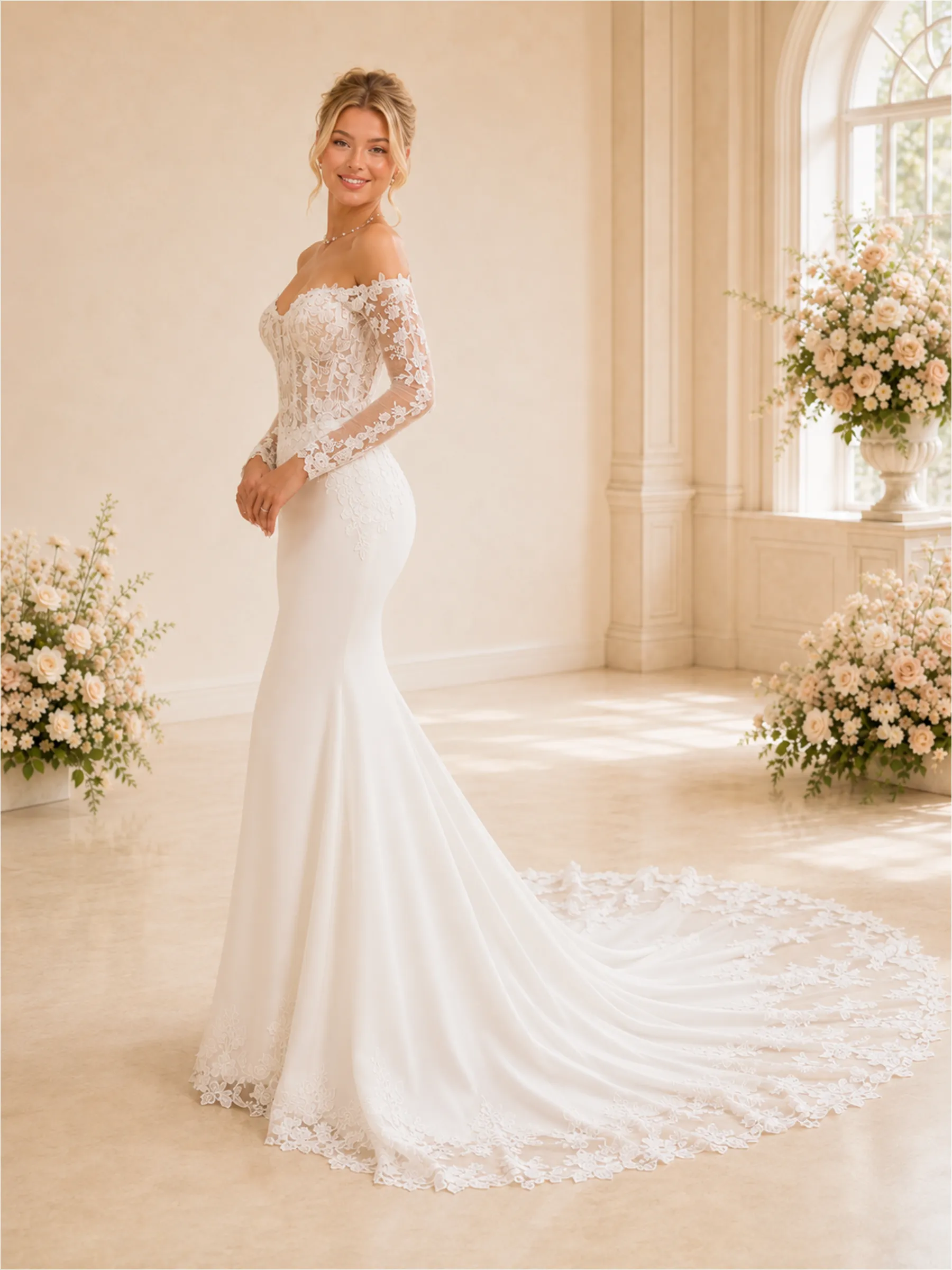 ChicSew Fancy Sexy Lace Tulle Off The Shoulder Long Sleeves Boning Mermaid Maxi Wedding Dresses With Train sold by ChicSew product image thumbnail 3