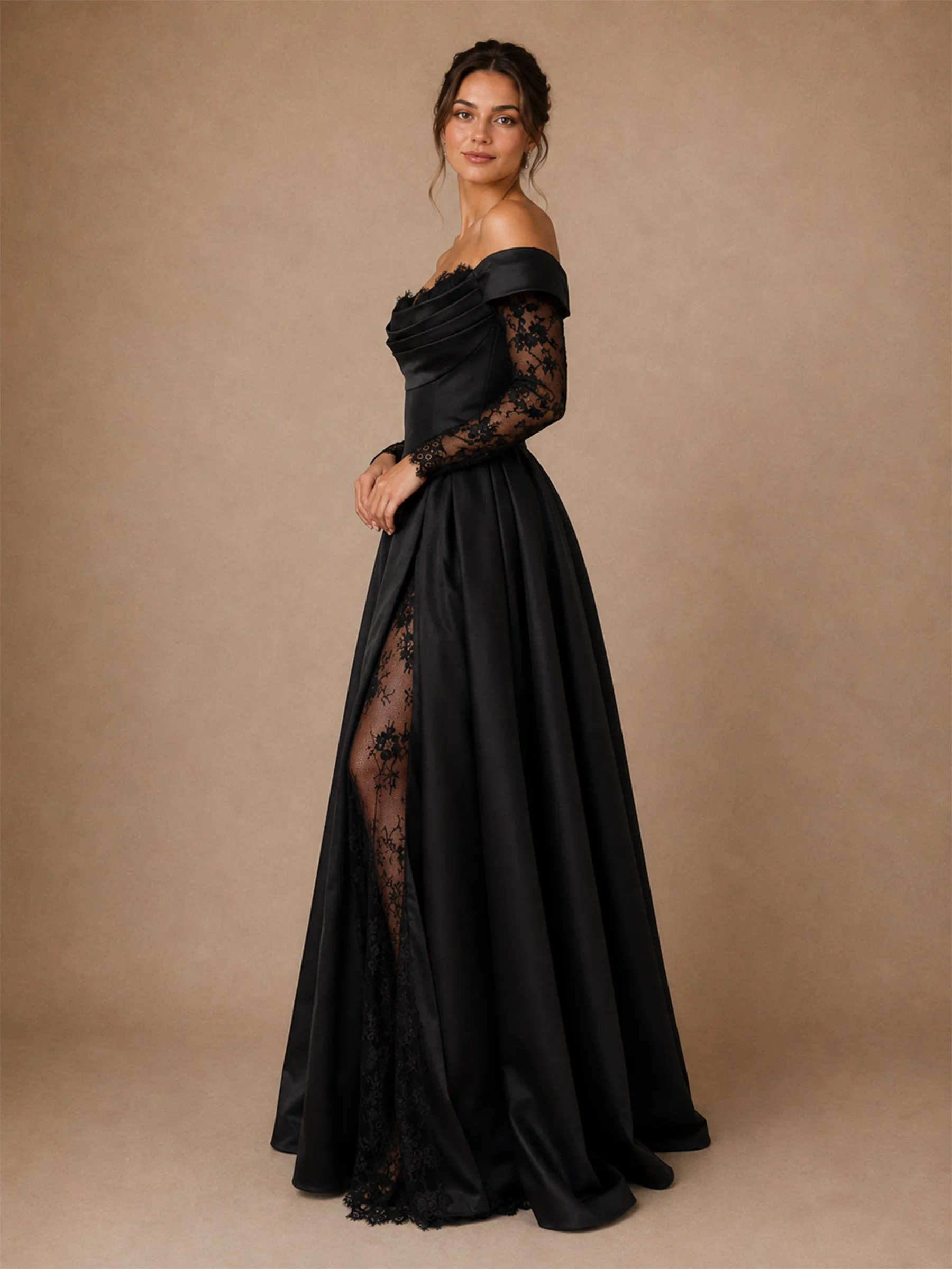 ChicSew Unique A-Line Off The Shoulder Floor-Length Side Slit Satin Wedding Dress With Long Floral Lace Sleeves sold by ChicSew product image thumbnail 4